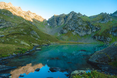 Scenic view of oqrostskali lake and mountains against sky