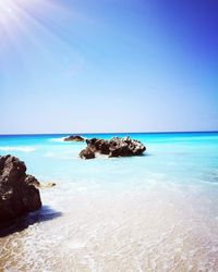 Scenic view of sea against clear blue sky