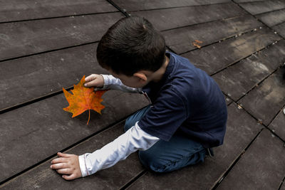 High angle view of boy holding maple leaf on footpath