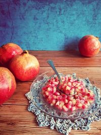 High angle view of apples in bowl on table