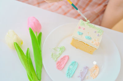 High angle view of cake on table