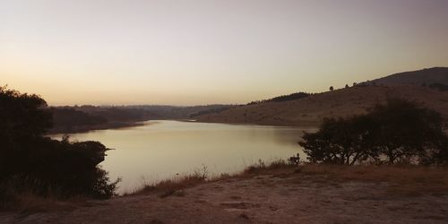 Scenic view of lake against clear sky during sunset