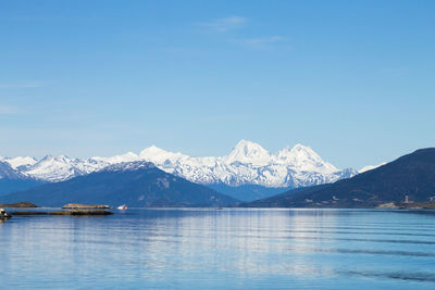 Scenic view of lake and snowcapped mountains against sky