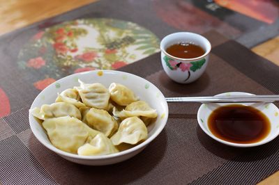 High angle view of breakfast served on table