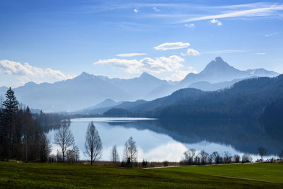 Scenic view of lake and mountains against sky