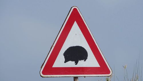 Close-up of road sign against clear sky