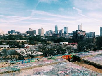 View of city skyline from rooftop