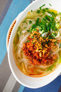 High angle view of food in bowl on table