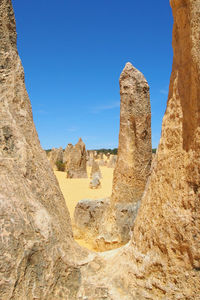 Rock formations against clear blue sky