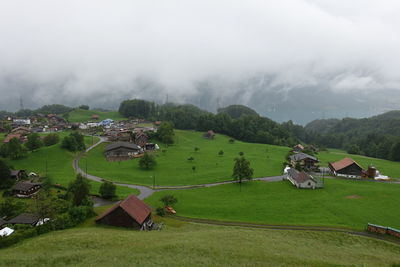 High angle view of agricultural field against sky