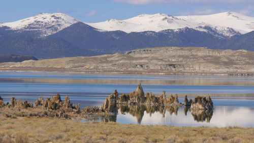 Scenic view of lake and snowcapped mountains against sky