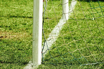 High angle view of soccer net on field