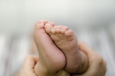 Cropped hand of parent holding child legs