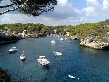 High angle view of boats in river