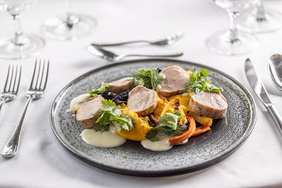 Close-up of food in plate on table