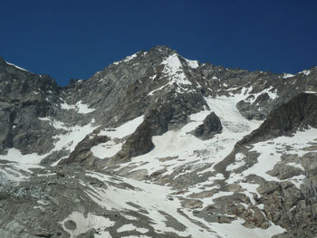 Scenic view of snowcapped mountains against clear blue sky