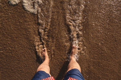 Low section of person standing on sand