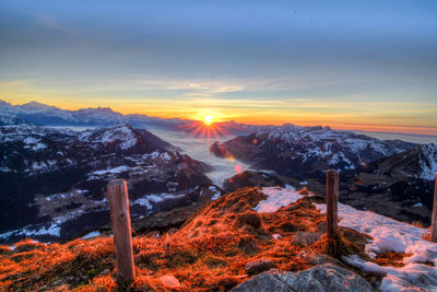 Scenic view of snow mountains against sky during sunset
