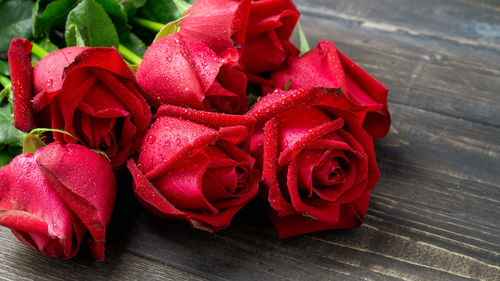 Close-up of red rose on table