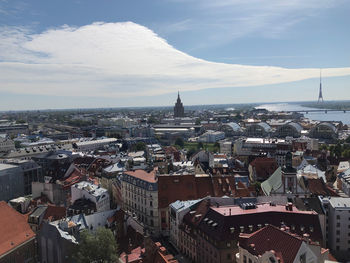 High angle view of townscape against sky in city