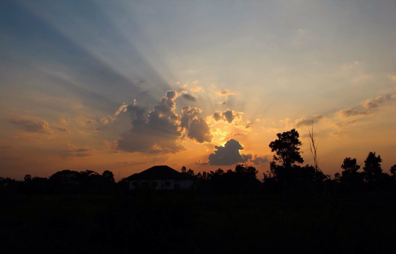 sunset, silhouette, orange color, sky, scenics, beauty in nature, tranquil scene, tranquility, tree, landscape, nature, idyllic, cloud - sky, cloud, outdoors, dramatic sky, no people, outline, copy space, dark