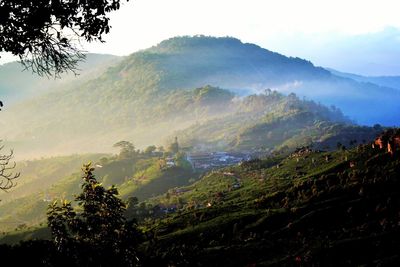 Scenic view of landscape and mountains against sky