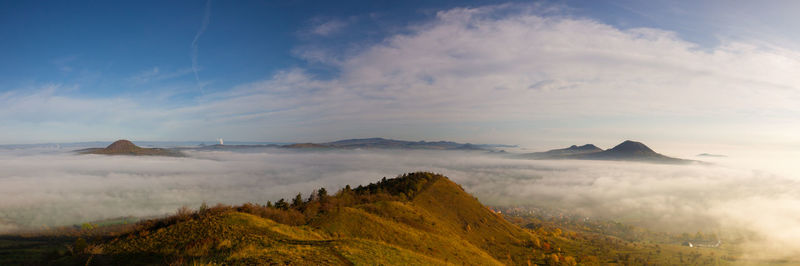 Panoramic view of volcanic landscape against sky