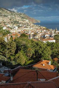 High angle view of townscape and trees against sky