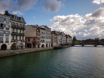 Bridge over river by buildings in town against sky