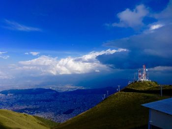 Aerial view of city against cloudy sky