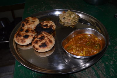 High angle view of food in container on table