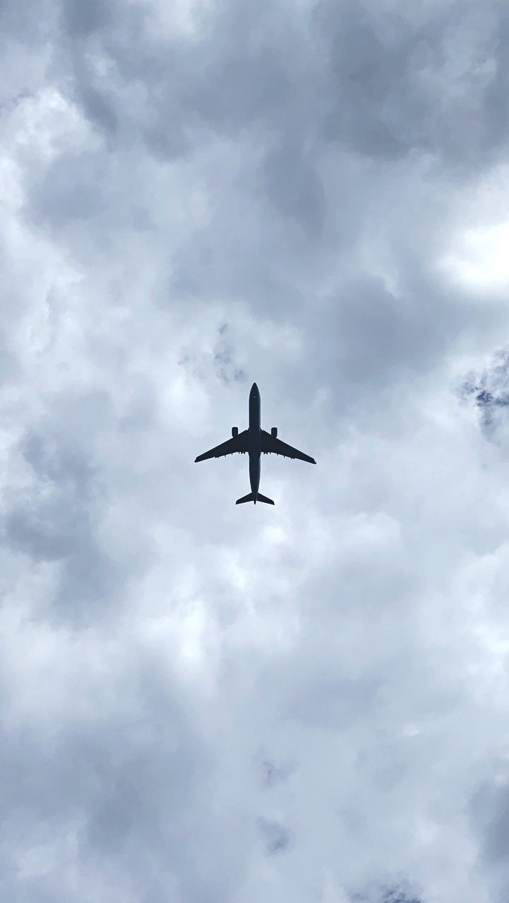 LOW ANGLE VIEW OF SILHOUETTE AIRPLANE FLYING AGAINST SKY