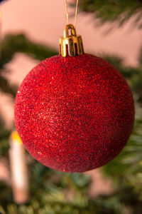 Close-up of christmas decorations hanging on tree