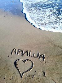 High angle view of text on sand at beach