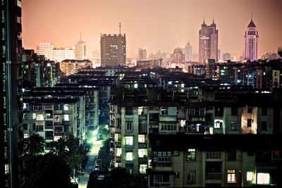 High angle view of residential district against sky