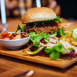 Close-up of burger on cutting board