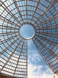 Low angle view of skylight in building against sky