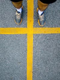 Low section of man standing on road
