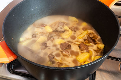 High angle view of meat in cooking pan