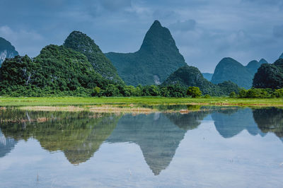 Scenic view of lake and mountains against sky