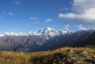 Scenic view of snowcapped mountains against sky