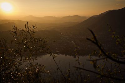 Scenic view of mountains against sky during sunset