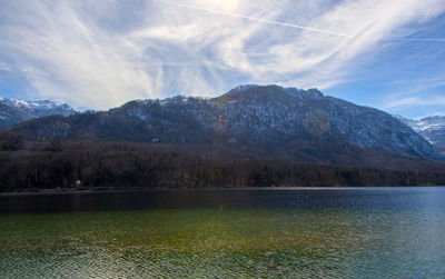 Scenic view of lake and mountains against sky