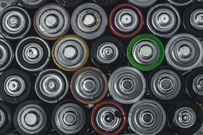 Used disposable drain batteries of various size and color, top view