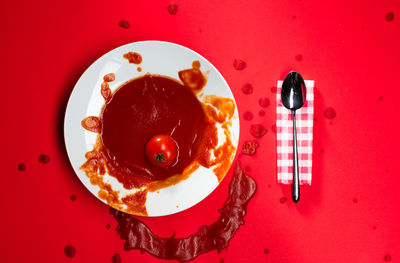 Directly above shot of messy sauce in plate on table