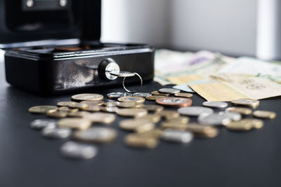 Close-up of coins on table