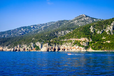 Scenic view of sea against clear blue sky