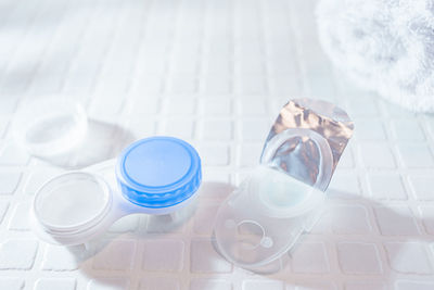 High angle view of glasses on table