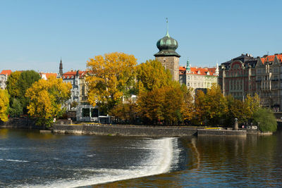 View of buildings by river against sky