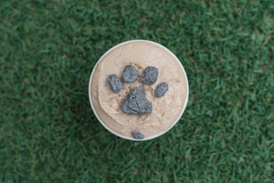 High angle view of coffee cup on grass